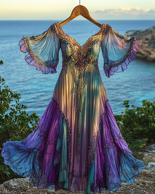 Summer Vacation Floral Embroidery Sequins Beaded Ruffle Dress 0a6b