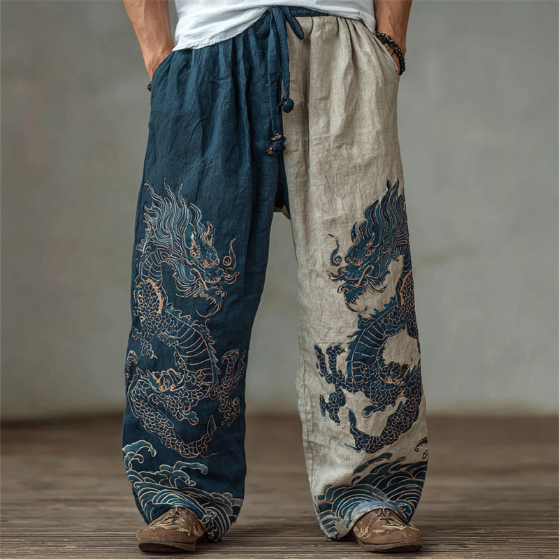Men's Japanese Dragons Sea Waves Contrast Wide Leg Linen Pants