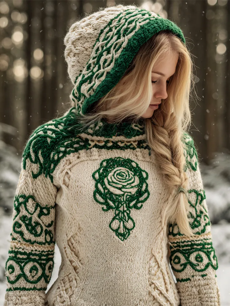 Vintage Rose Art Women's Hooded Irish Sweater