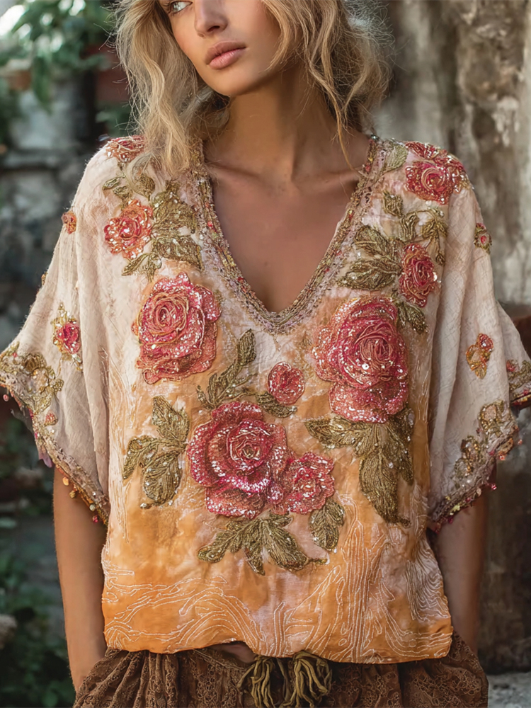Boho Sunset Rose Embroidered Tie-dye Women's Linen V-neck Shirt