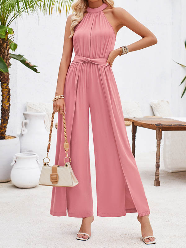Pleated Solid Color Split-Front Tied Waist High Waisted Loose Halter-Neck Jumpsuits