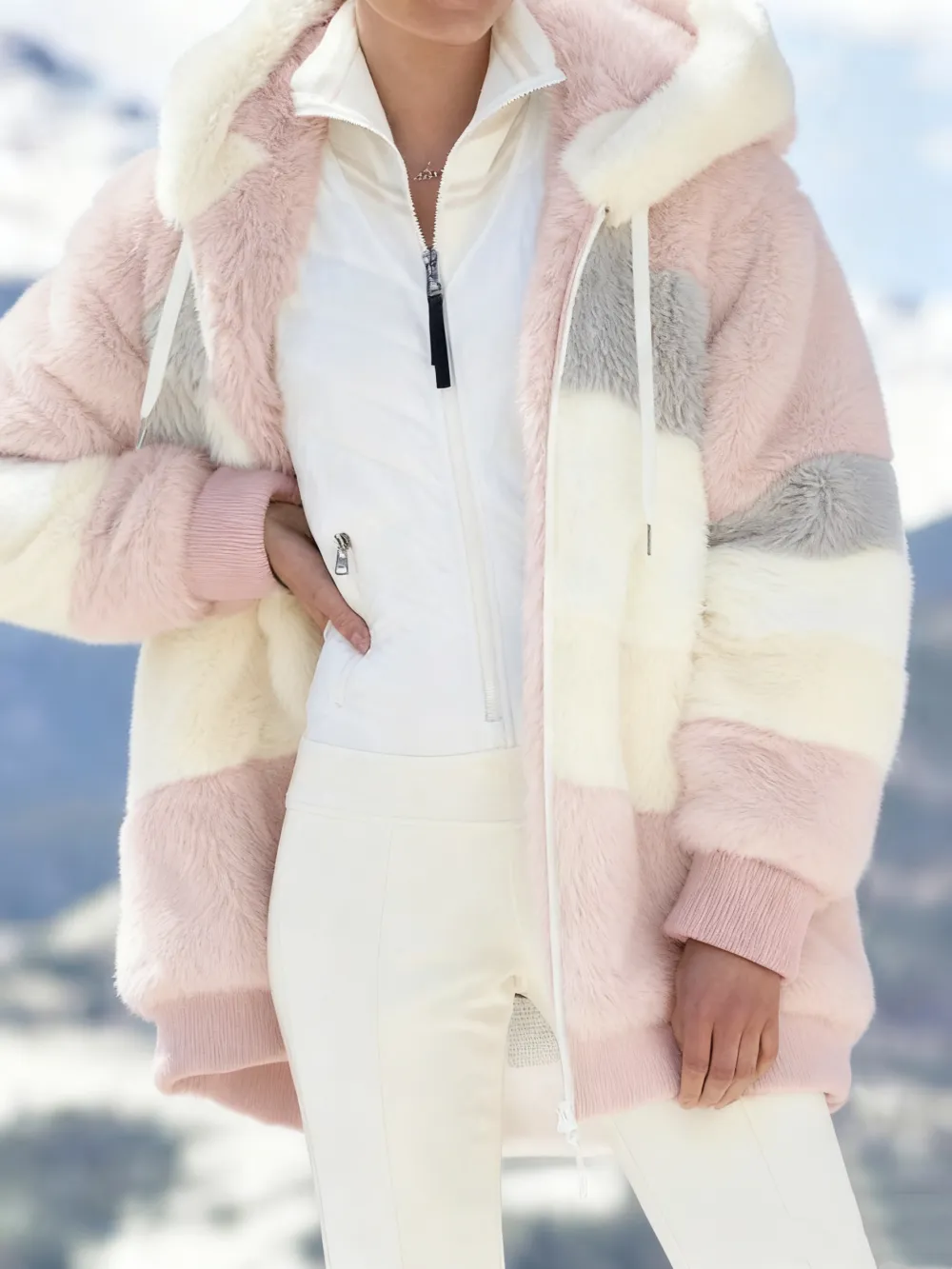 Women's Colorblock Drop Shoulder Hooded Polar Fleece Coat