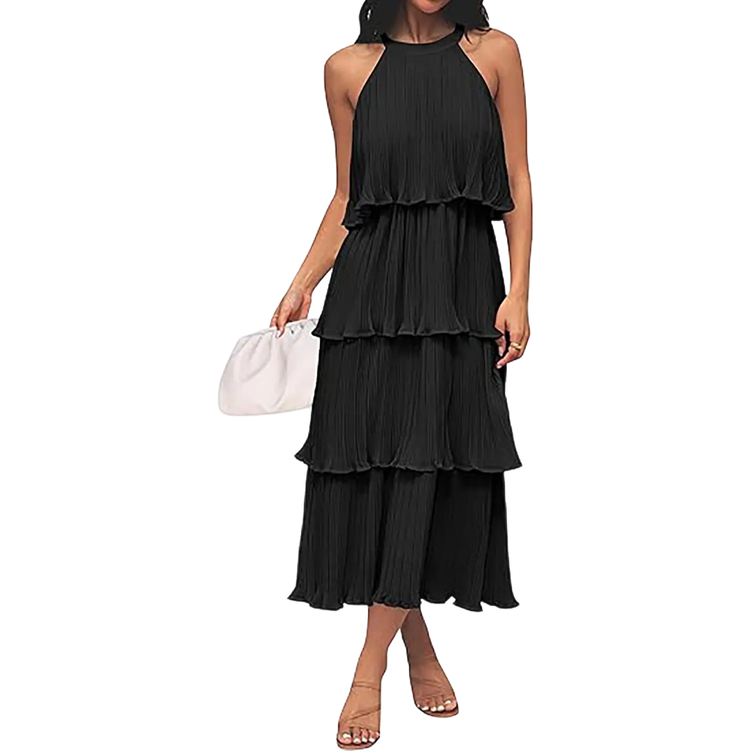 Women's Halter Neck Tiered Ruffle Chiffon Midi Dress