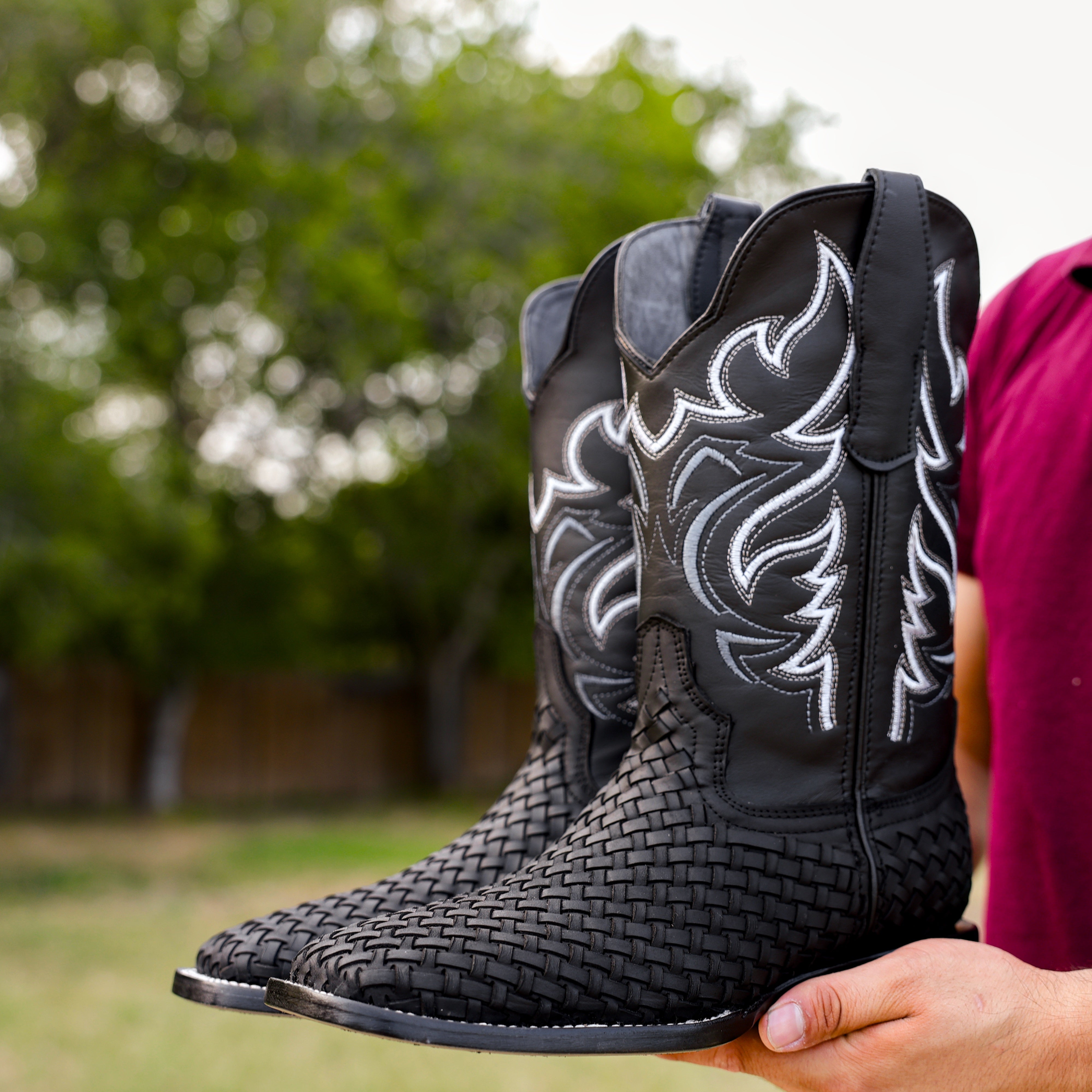 Black Basketweave Leather Boots - Square Toe