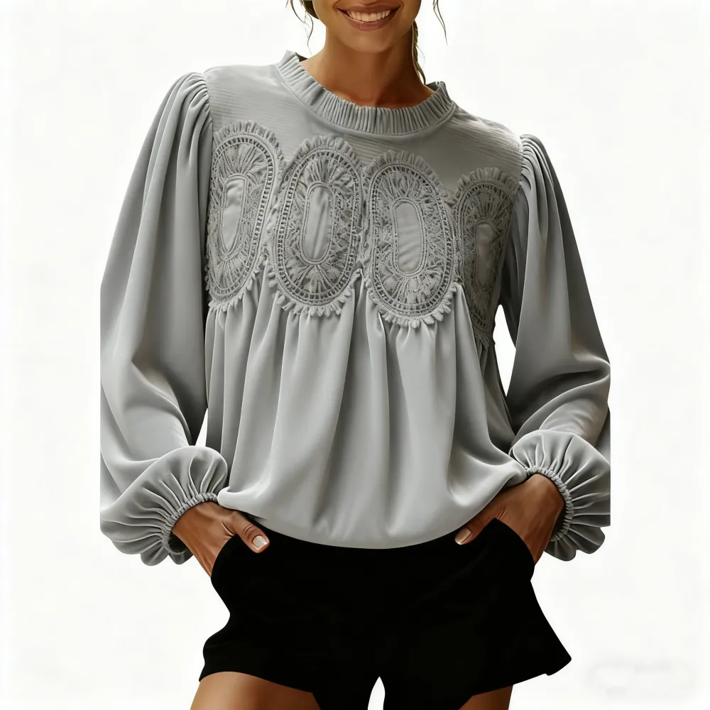 Women's Elegant Long-Sleeve Lace Velvet-Trim Swing Blouse