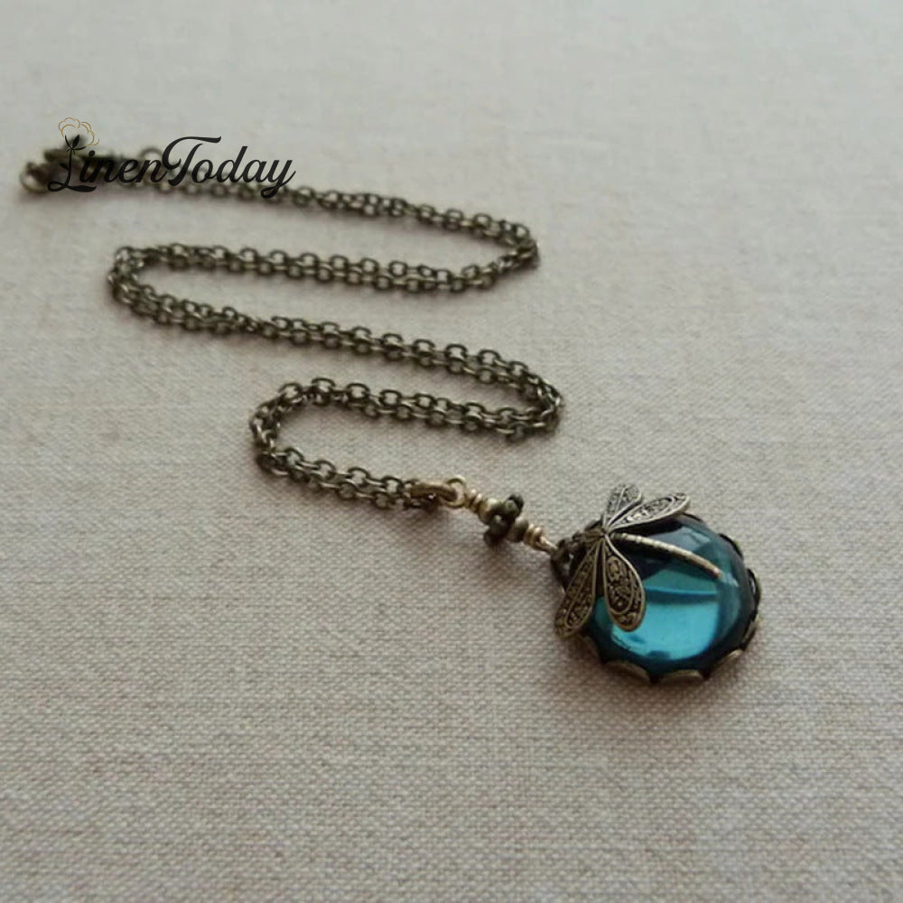Vintage Dragonfly Green Crystal Boho Jewelry Necklace