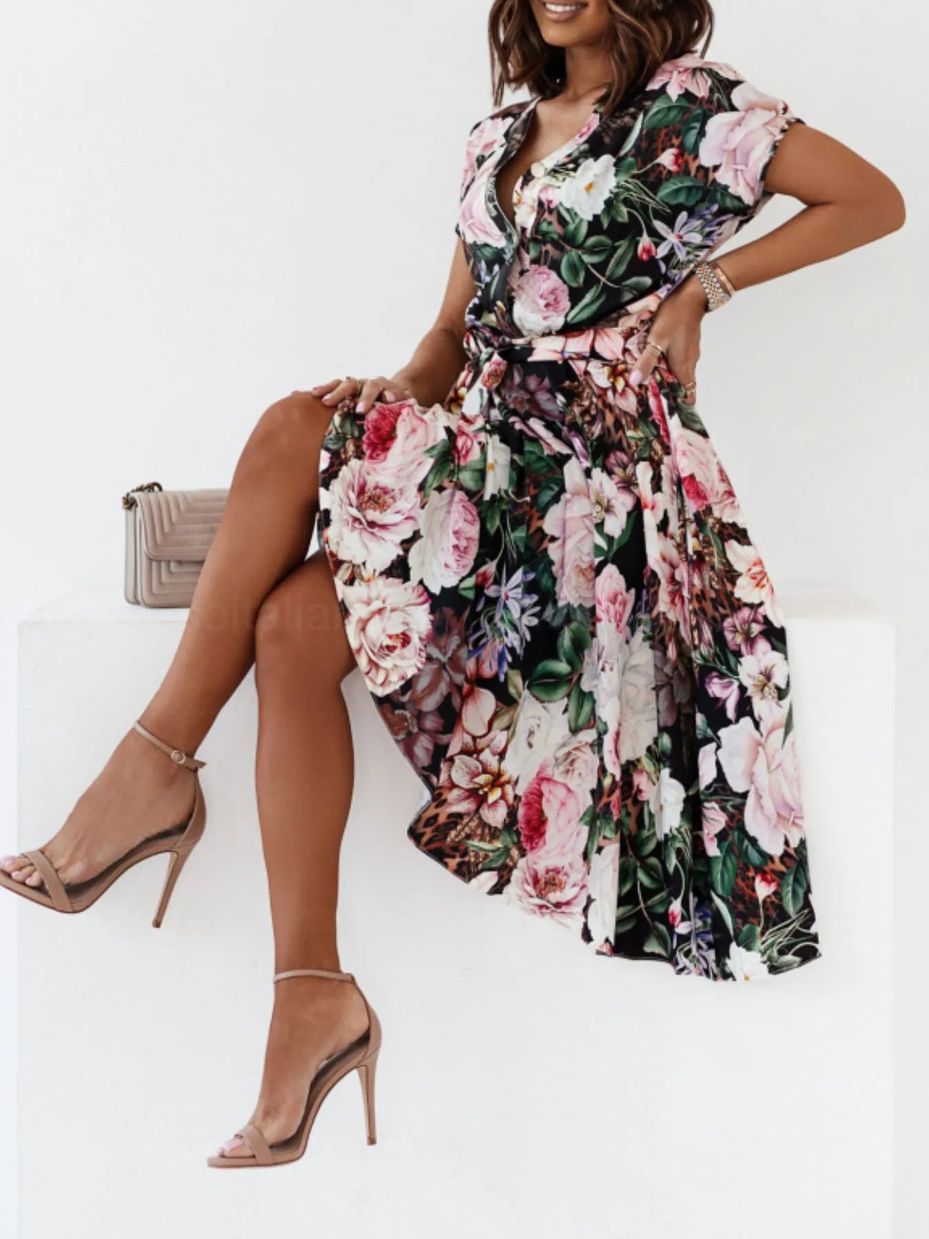 Floral Short Sleeve Midi Dress