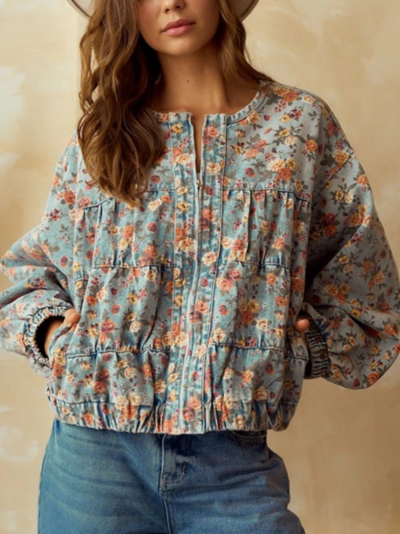 Floral Print Zip Up Cropped Denim Jacket