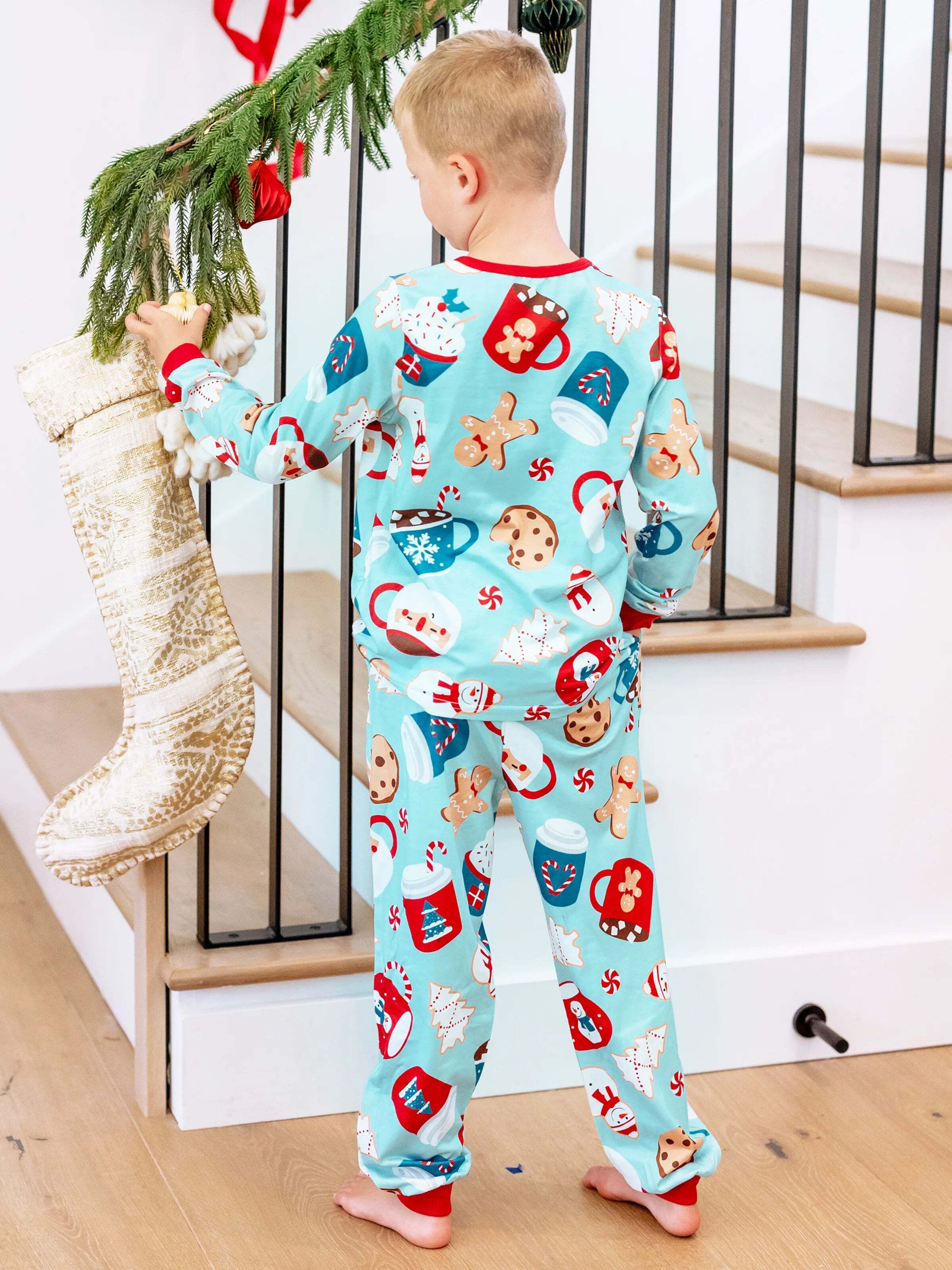 Christmas Matching Family Pajamas Set Gingerbread Print Blue and Red PJS with Christmas Socks Light Blue