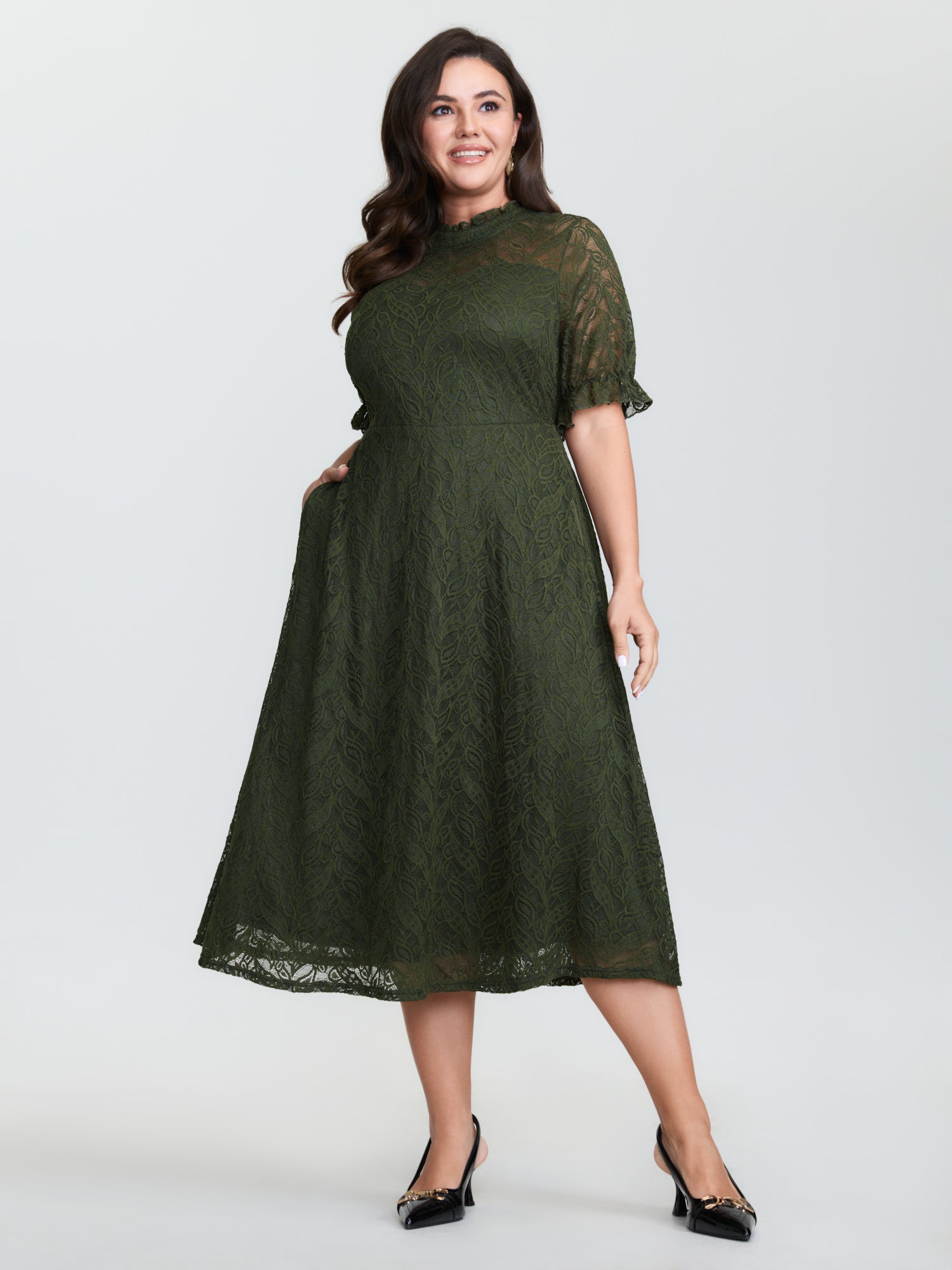 Mock Neck Lace Pockets Midi Dress