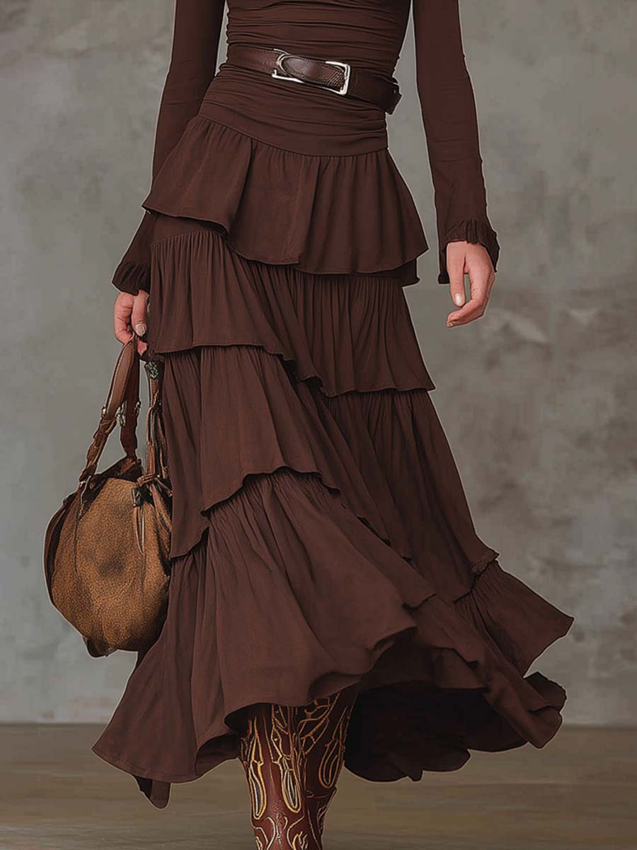 Brown Retro V-neck Multi-layered Ruffled Maxi Dress(With belt)