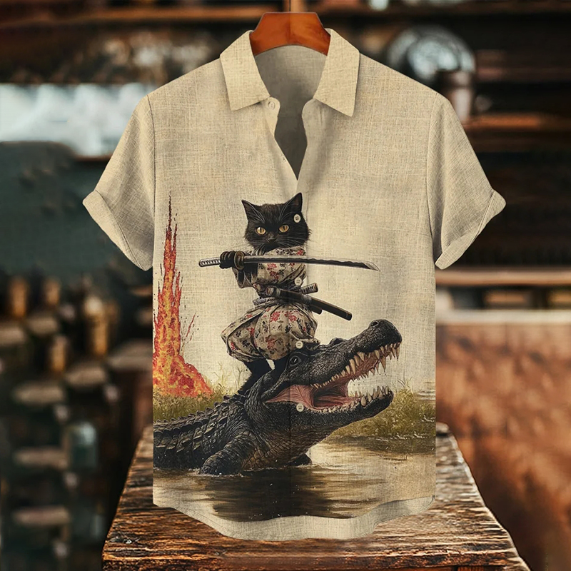 Men's Crocodile And Cat Samurai Print Short Sleeve Shirt