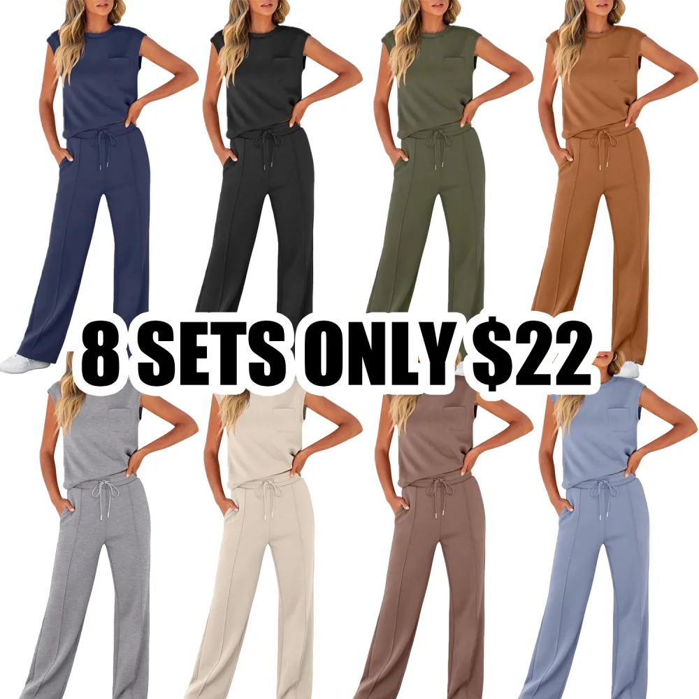 Women's 2 Piece Sleeveless Lounge Set – Casual Summer Tracksuit with Wide Leg Pants, Comfy Matching Outfit for Vacation & Everyday Wear