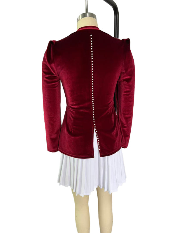 Fashionable And Personalized Long-Sleeved Color-Blocked Pleated Hem Mini Skirt Dress