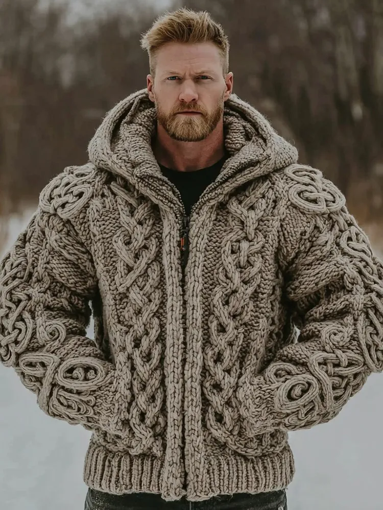 Men's Vintage Viking Celtic Knit Jacquard Zip Hooded Sweater