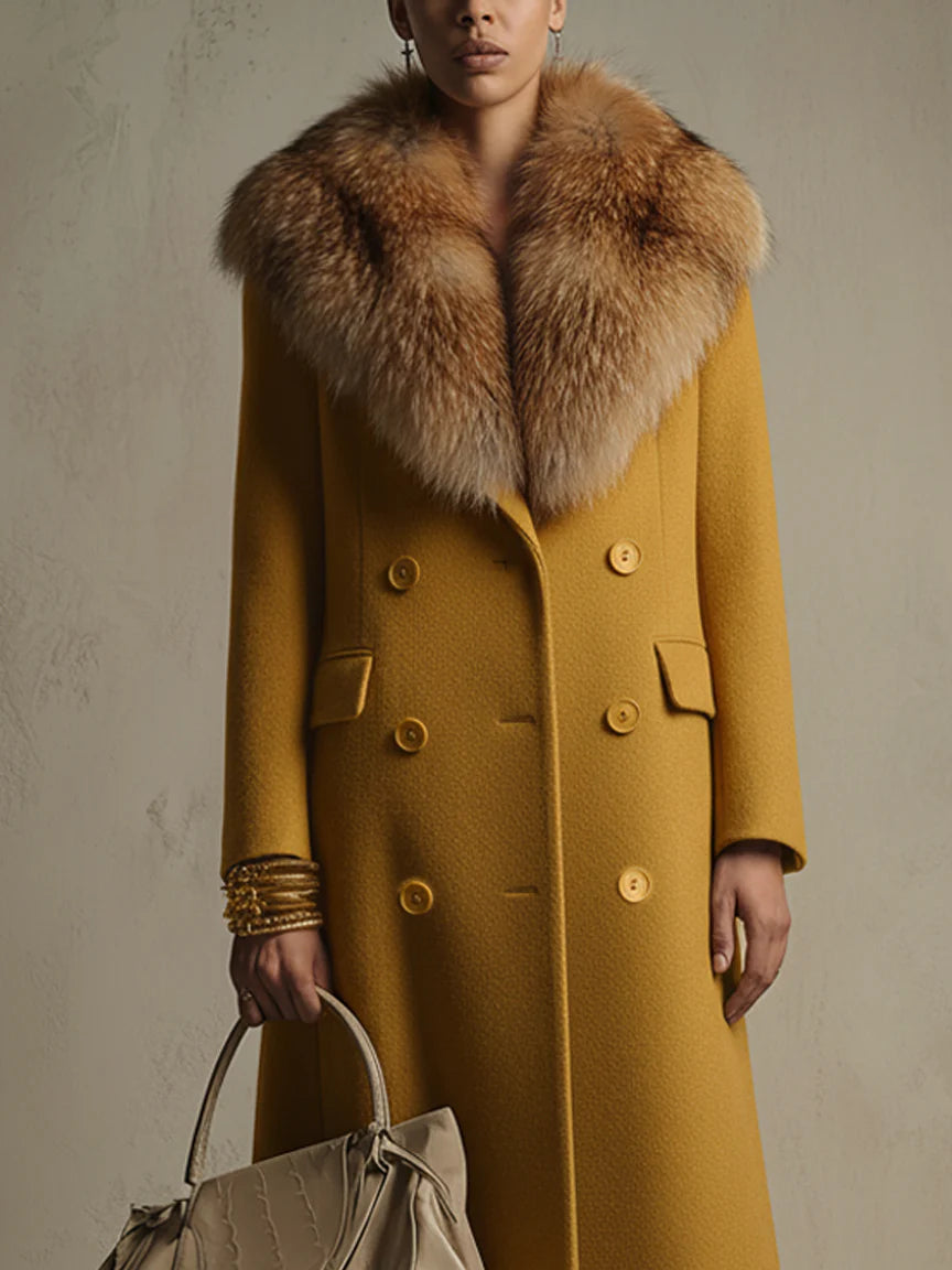 Yellow Wool Blend Coat With Detachable Fur Collar
