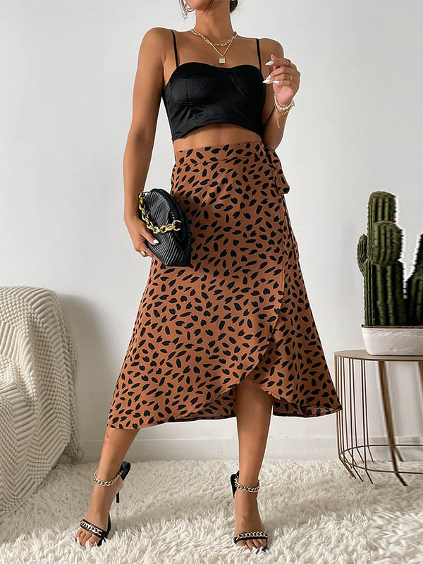 Printed Split-Front Tied Waist A-Line High-Low Skirts Bottoms