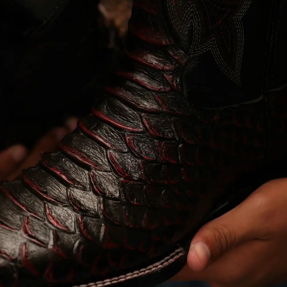 Black Cherry Anaconda Leather Boots - Square Toe