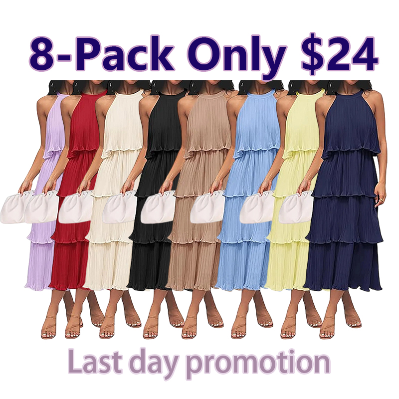 Women's Halter Neck Tiered Ruffle Chiffon Midi Dress