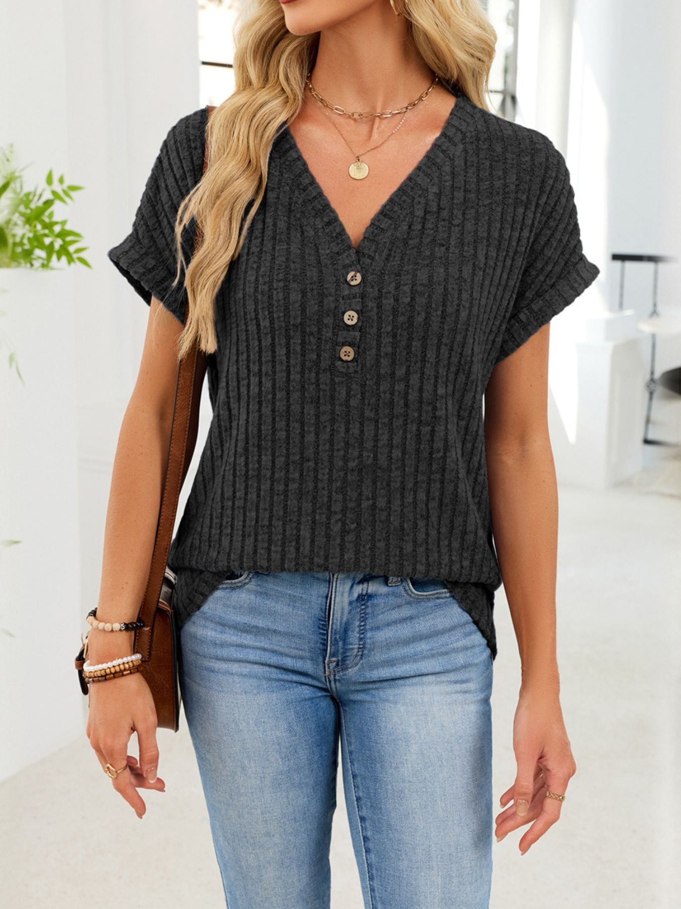 Ribbed Knit V-Neck T-Shirt