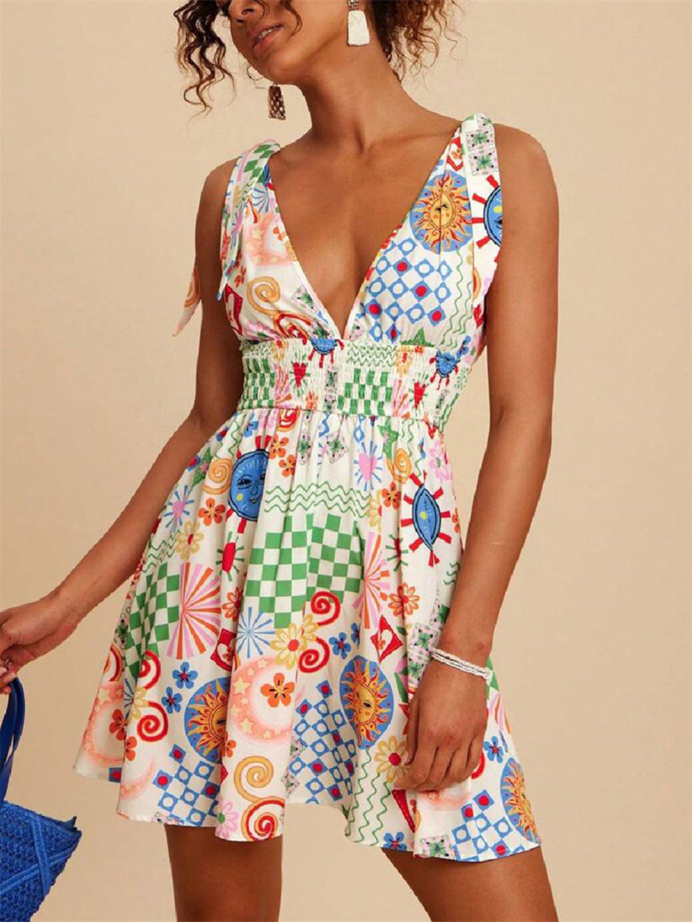 V-Neck Sleeveless Smocked Waist Printed Mini Dress