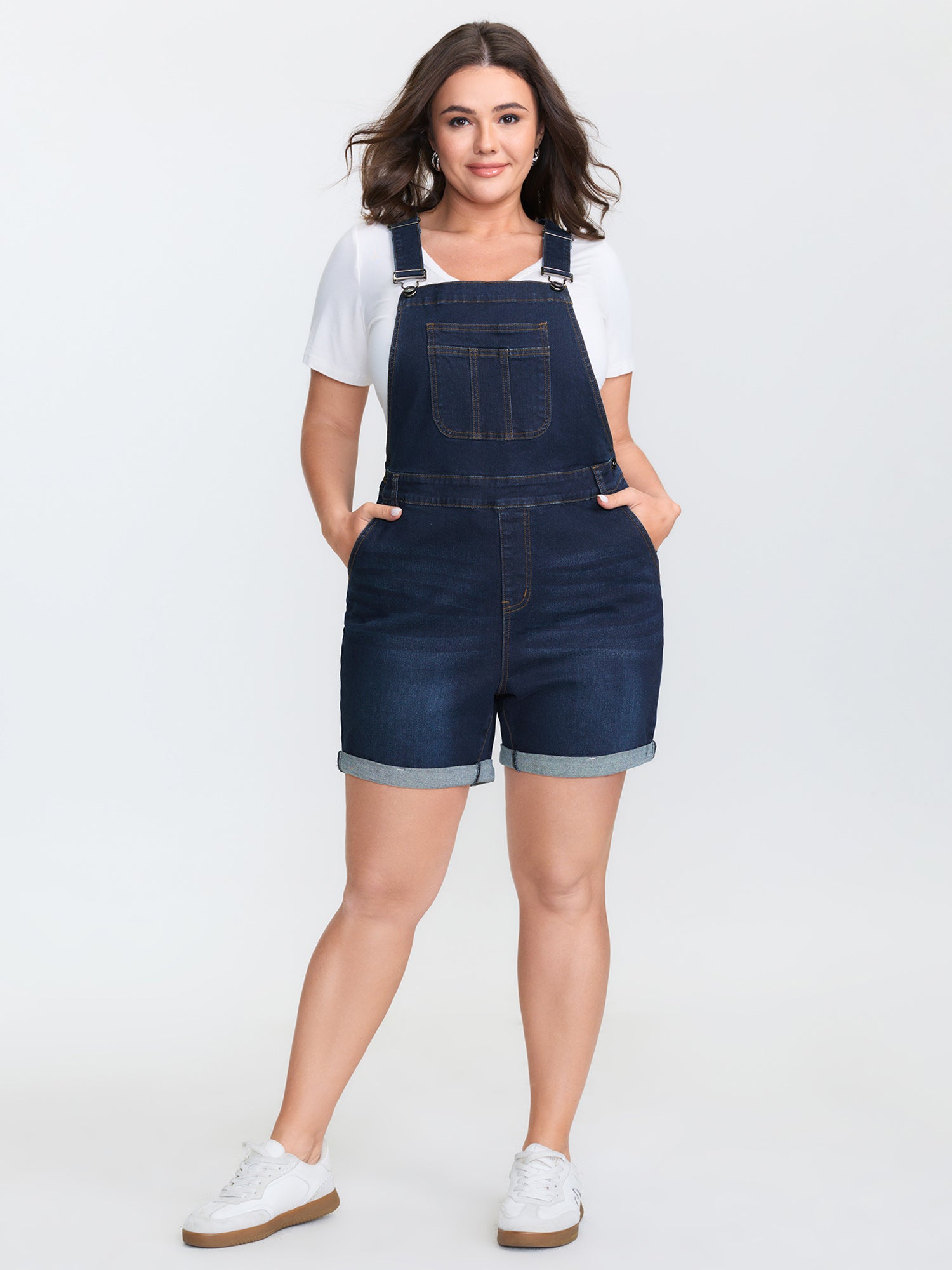 Stretchy Straight-Leg Denim Overall Jumpsuit