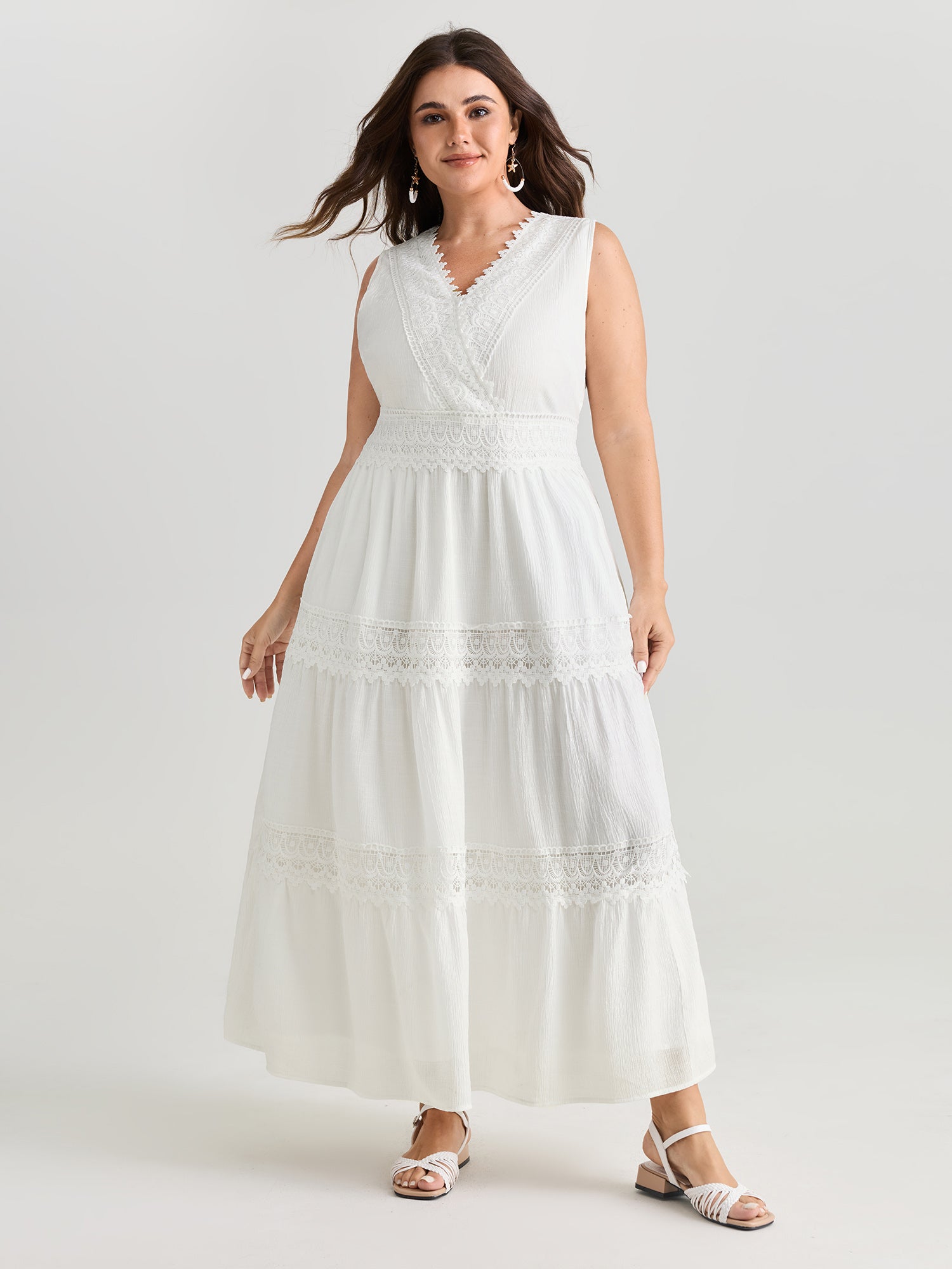 Lace Trim Overlap Neckline Tiered Maxi Dress