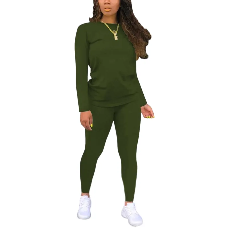 Women's Minimalist Chic Solid Long Sleeve Tee & Elastic Waist Pants Set