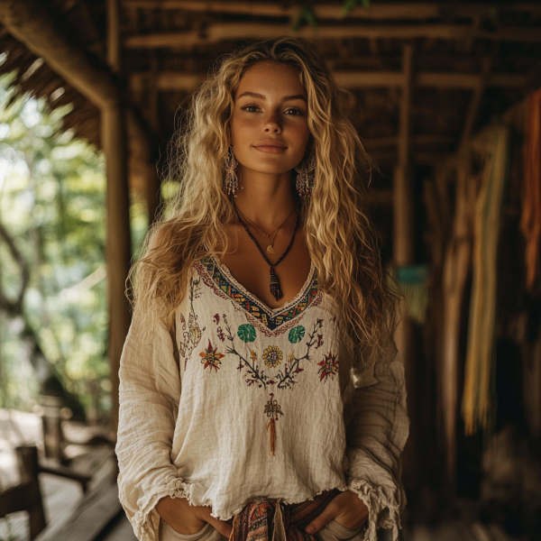 Retro Boho Tribal Art Embroidery Print Cotton And Linen V-neck Loose Shirt e5f7