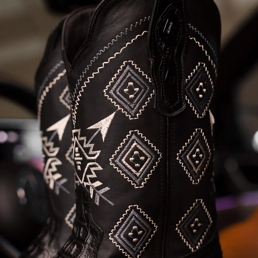 Black Caiman Neck Leather Boots - Square Toe