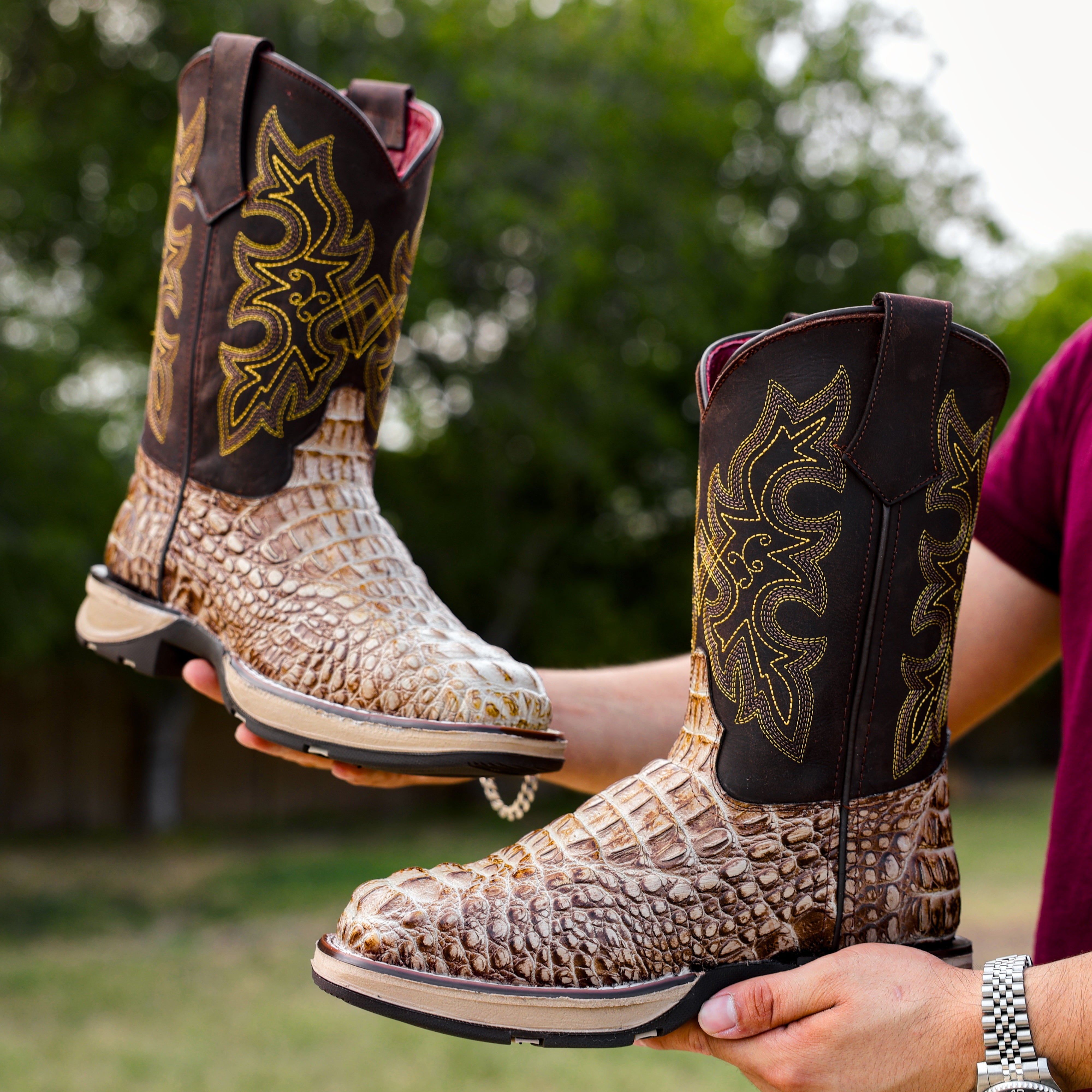 Bone Caiman Neck Leather Boots With 3D Lightweight Sole - Composite Toe