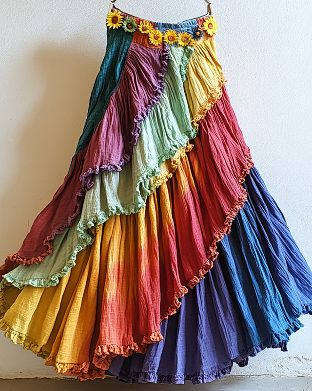 Summer Rainbow Gradient Daisy Embroidered Skirt 9d8a