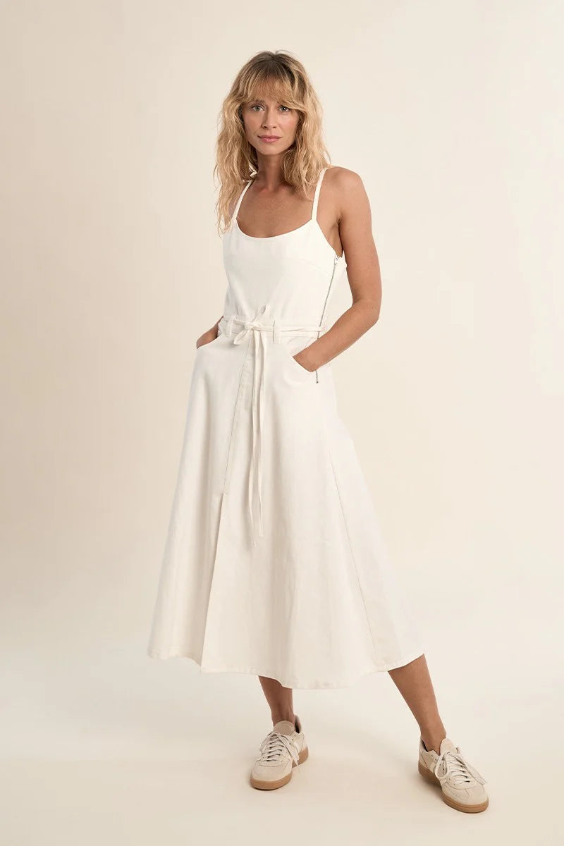 Tie Back Denim Dress in Off White