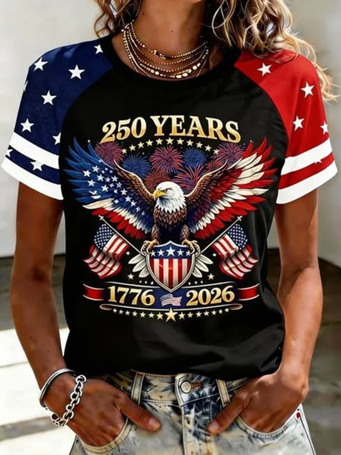 Women'S Retro American Independence Day Commemorative Printed Round Neck T-Shirt
