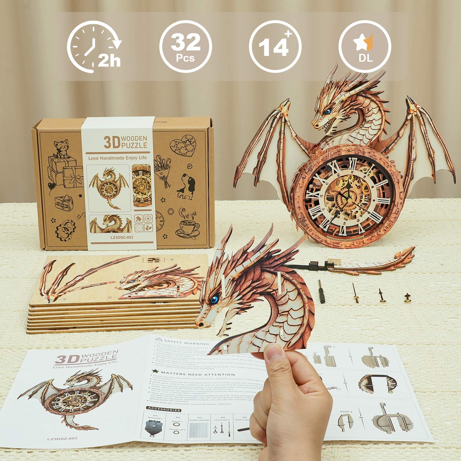 Ancient Dragon â€“ DIY Wooden Clock, 3D Puzzle Craft Kit