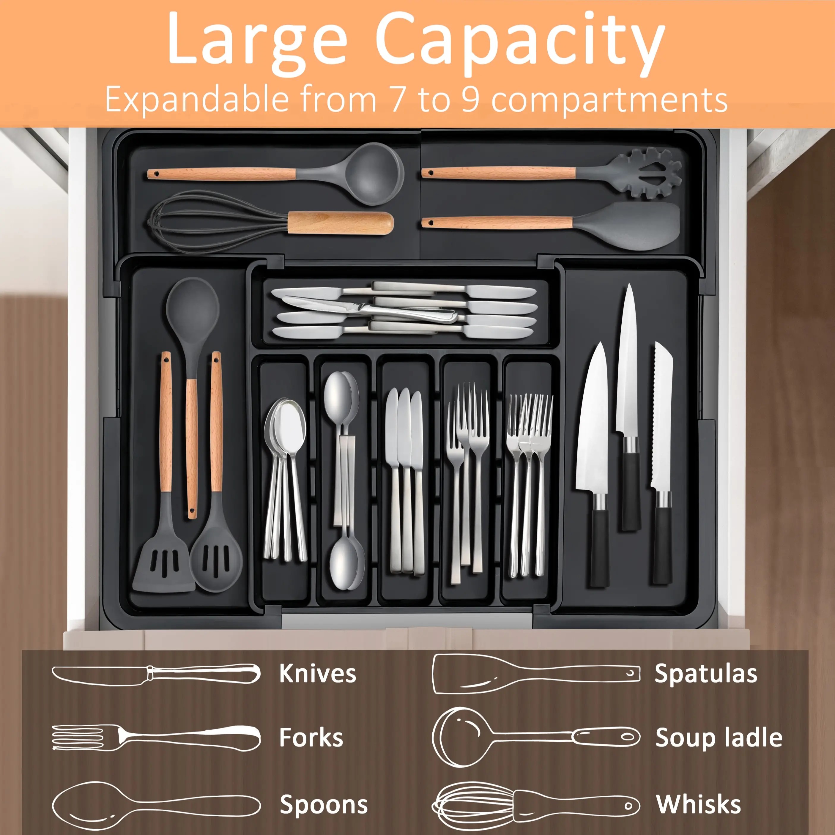 🔥3-PACK $24🔥Expandable Silverware Organizer – 9 Compartment, Adjustable 13