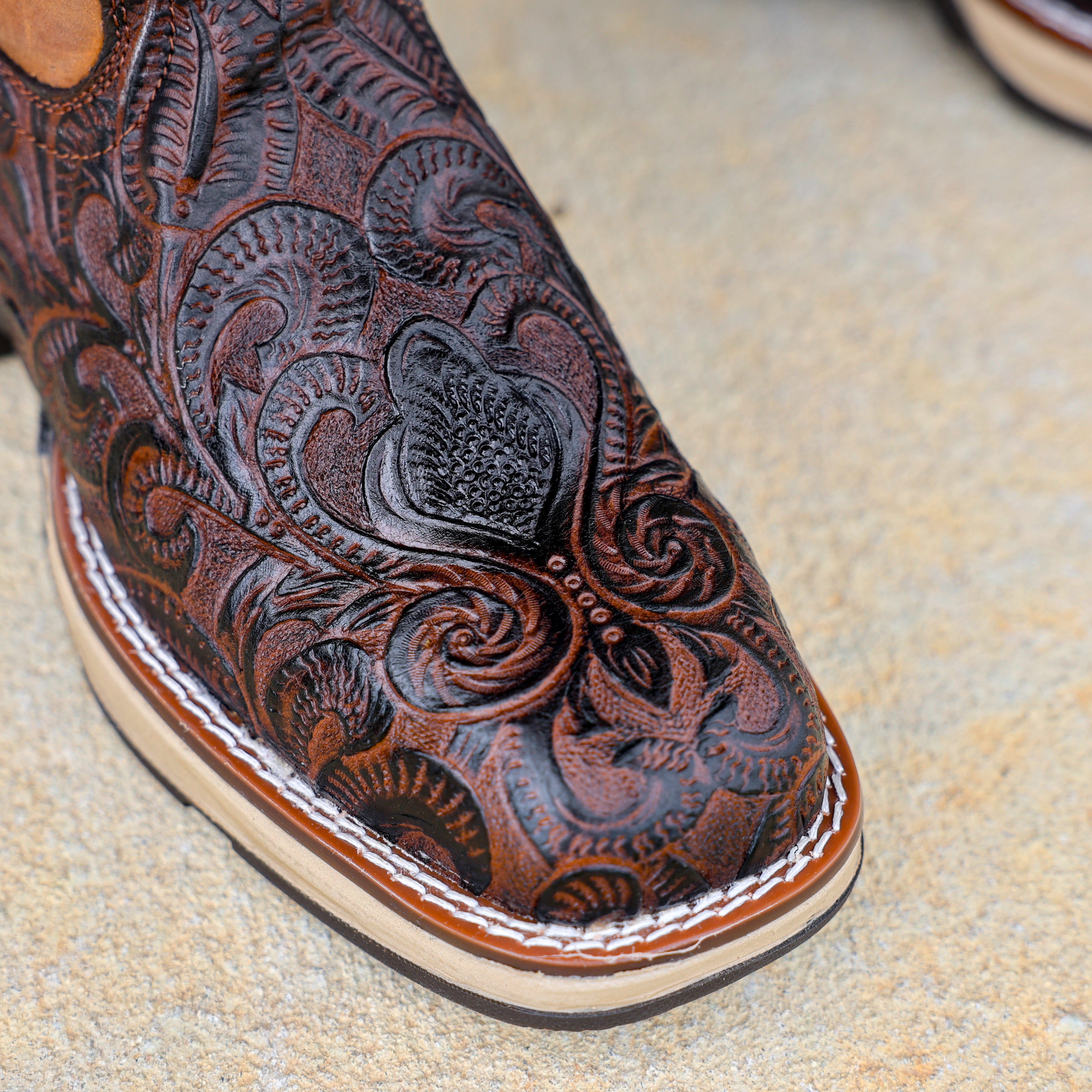 Brown Hand-Tooled Leather Boots With 3D Lightweight Sole - Composite Toe