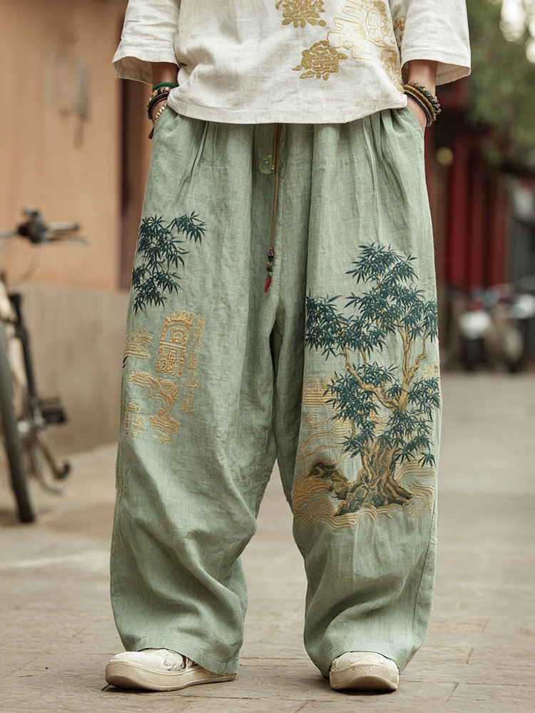 Men's Vintage Japanese Art Pattern Cozy Linen Pants