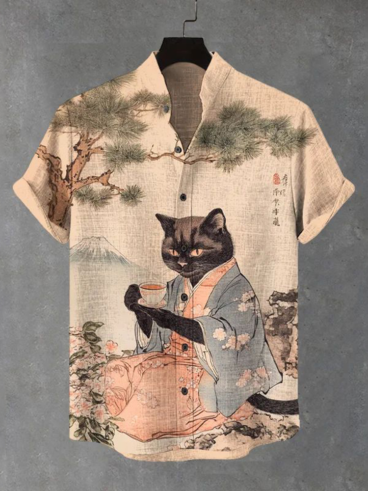 Men's Black Cat Drinking Tea Japanese Art Print Casual Shirt