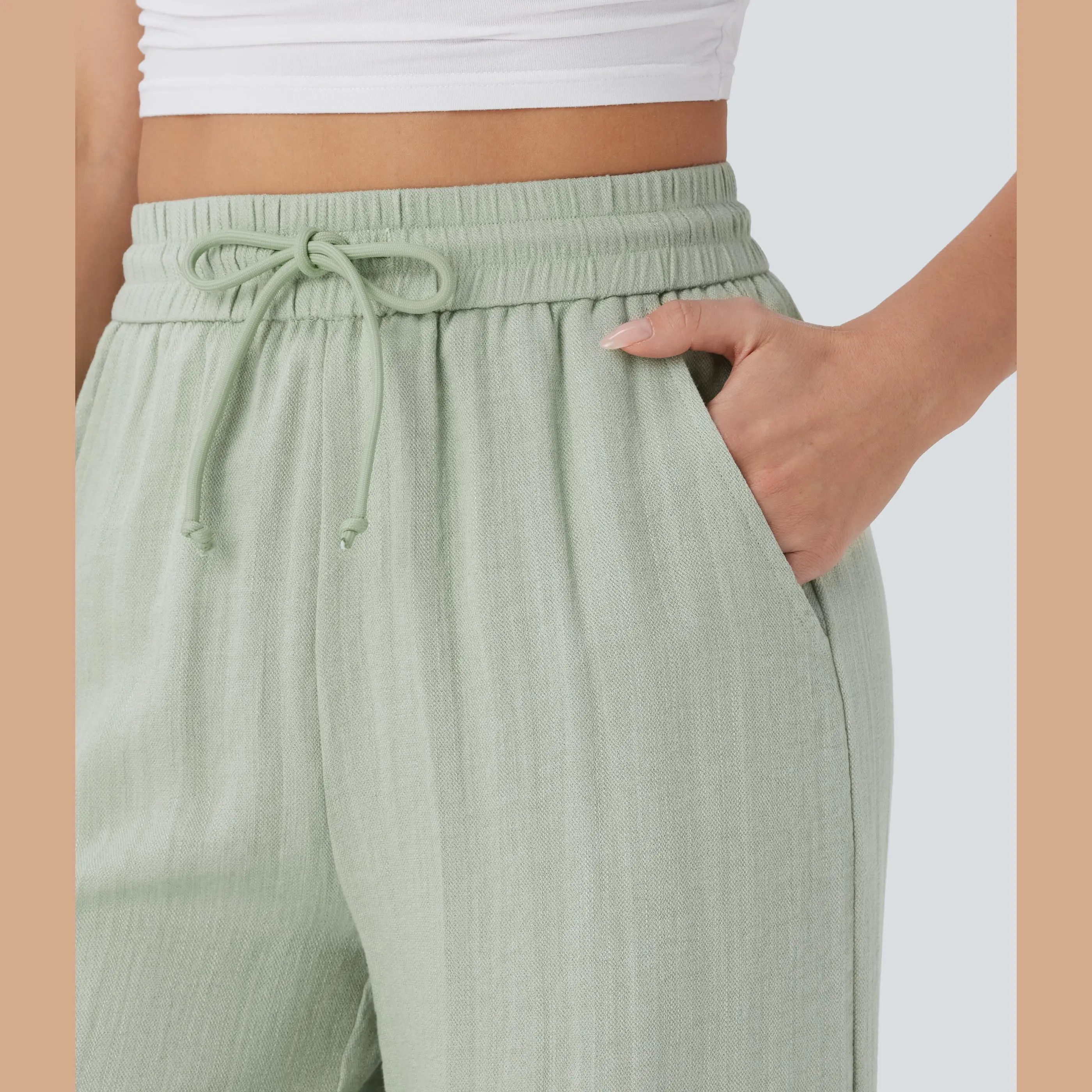 🔥🔥Easter Sale!!High Waisted Drawstring Pocket Wide Leg Casual Linen-Feel Pants