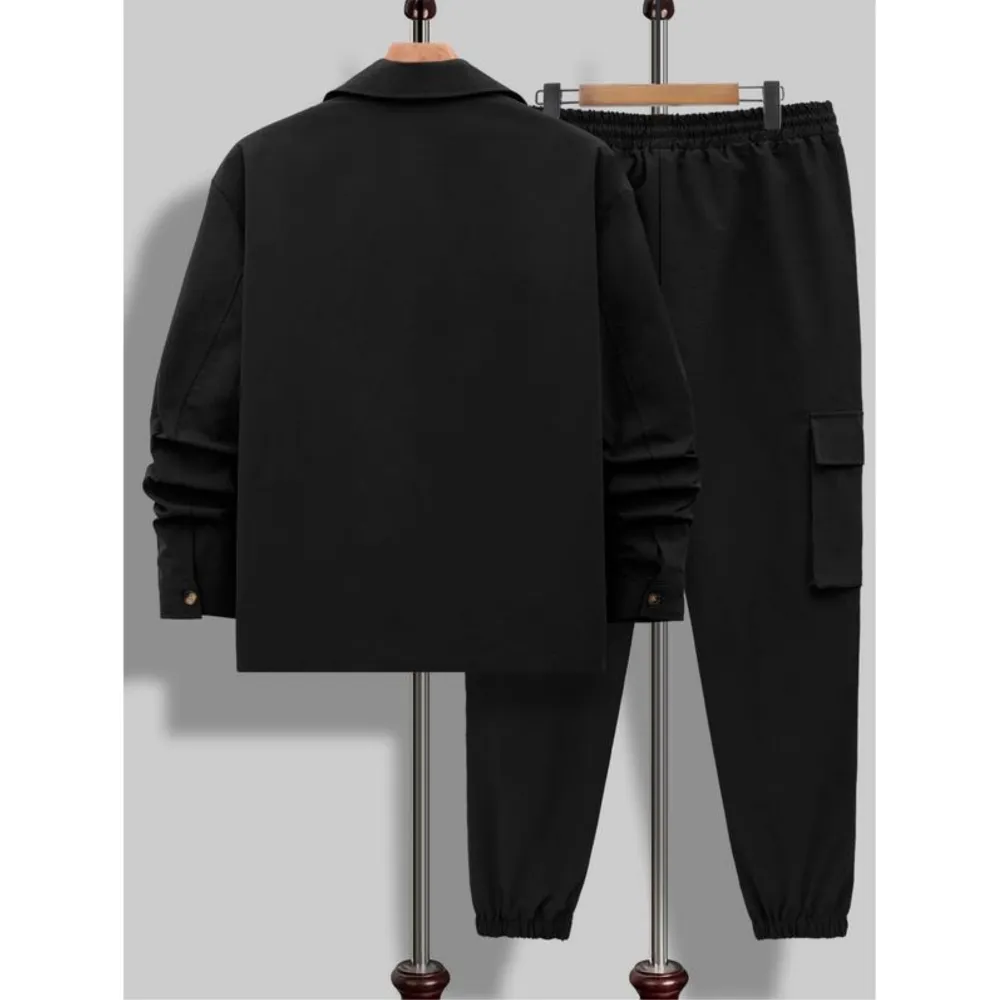 Men's Solid Color Pocket Button Front Jackets & Pants Two-Piece Set