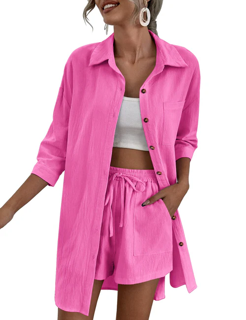 2025 Women's Linen 2-Piece Lounge Set – High-Low Shirt & Drawstring Shorts