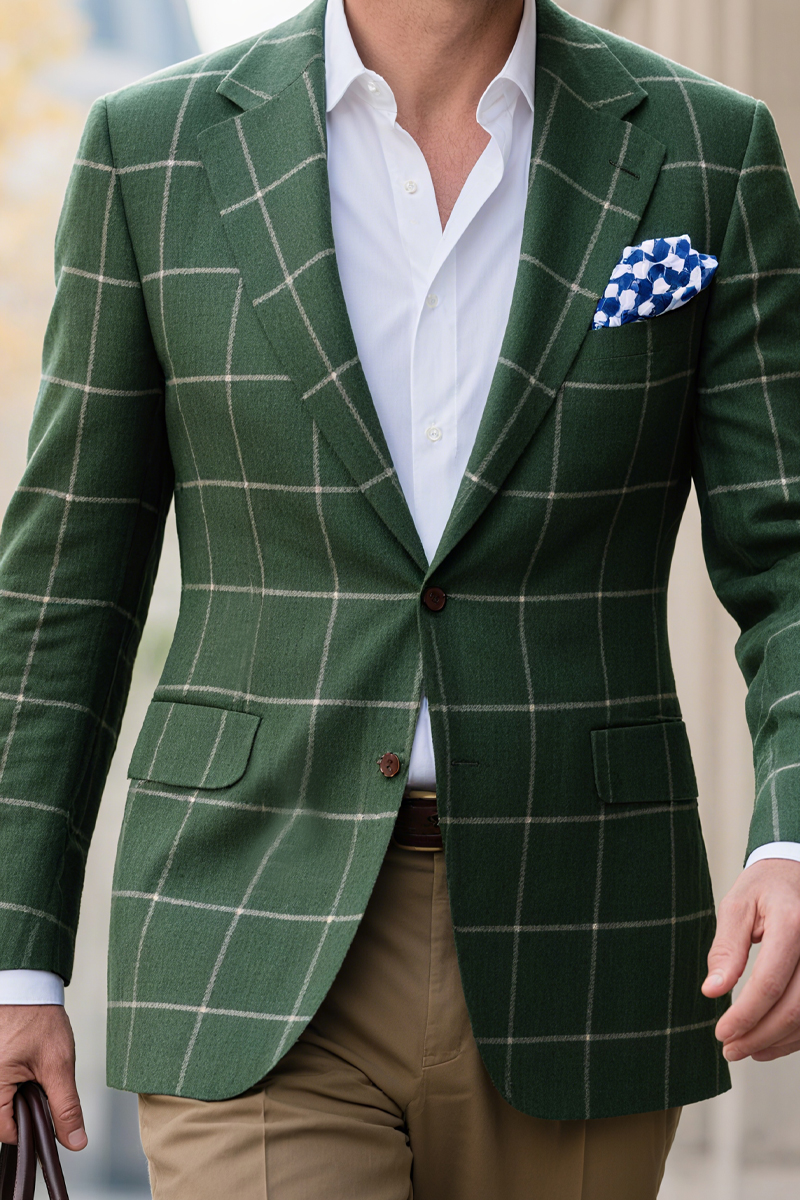 Men's Green Plaid Single-Breasted Blazer