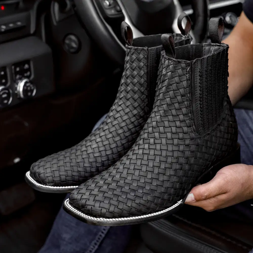 Matte Black Basketweave Leather Botines - Square Toe