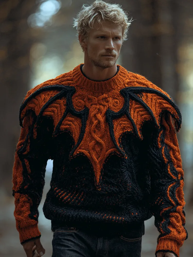 Men's Halloween Bat Contrasting 3d Knitted Sweater