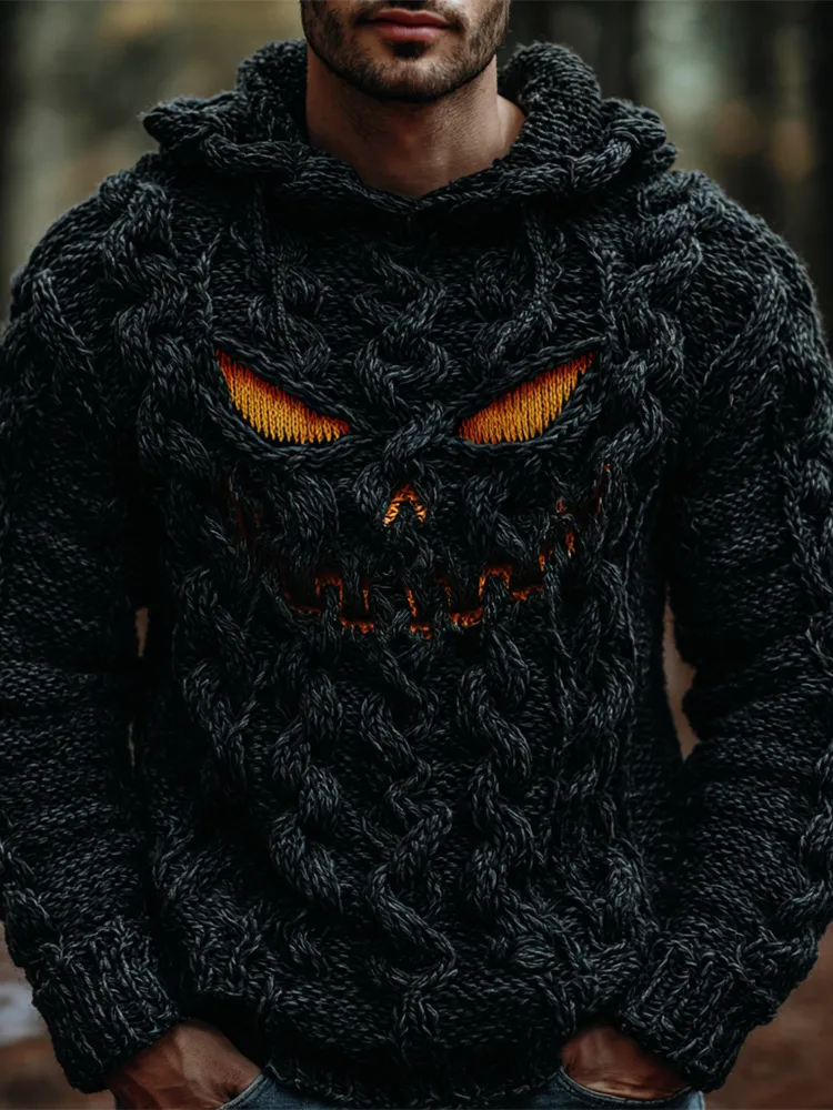 Halloween Evil Pumpkin Emoji Men's Chunky Knit Hooded Sweater