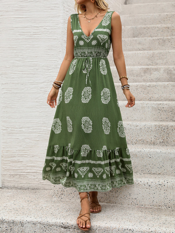 Ethnic Style Casual V-neck High Waist Maxi Dress