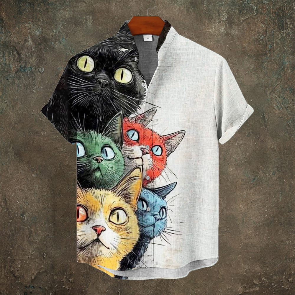 Japanese Cat Print Men's Linen Short Sleeve Shirt