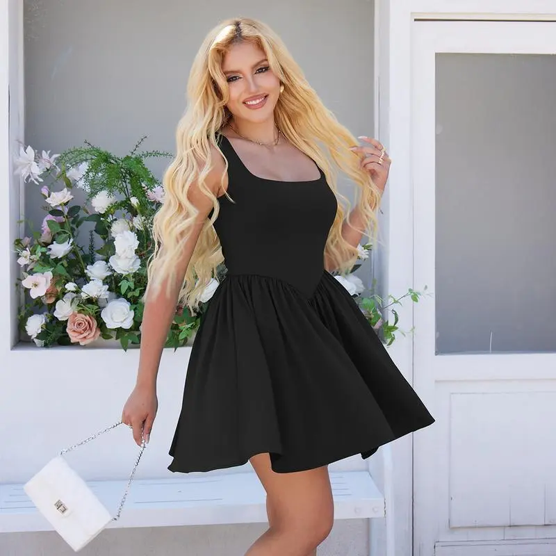 Women's Square Neck A-line Ruffle Hem Mini Tank Dress with Pockets