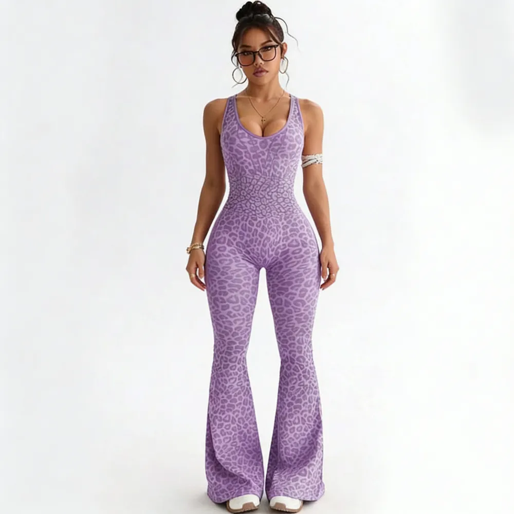 Women's Leopard Print Flared Workout Bodysuit